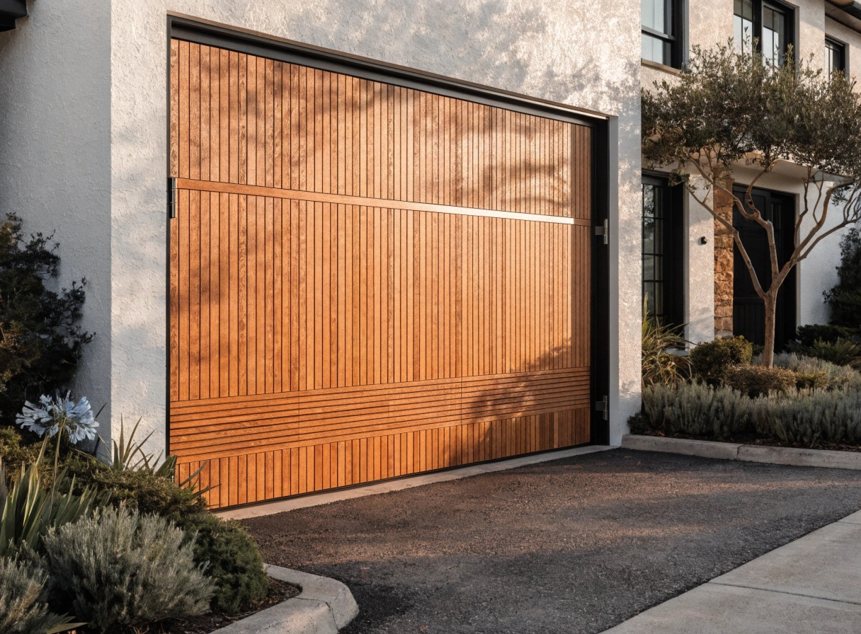 Bespoke vertical timber-slat custom garage door on a contemporary Sutherland Shire home