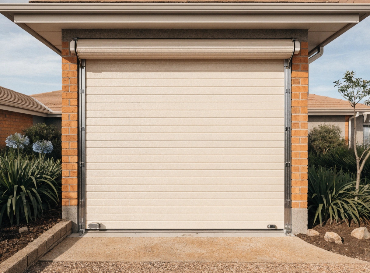 Closed cream roller garage door on a brick Sutherland Shire home
