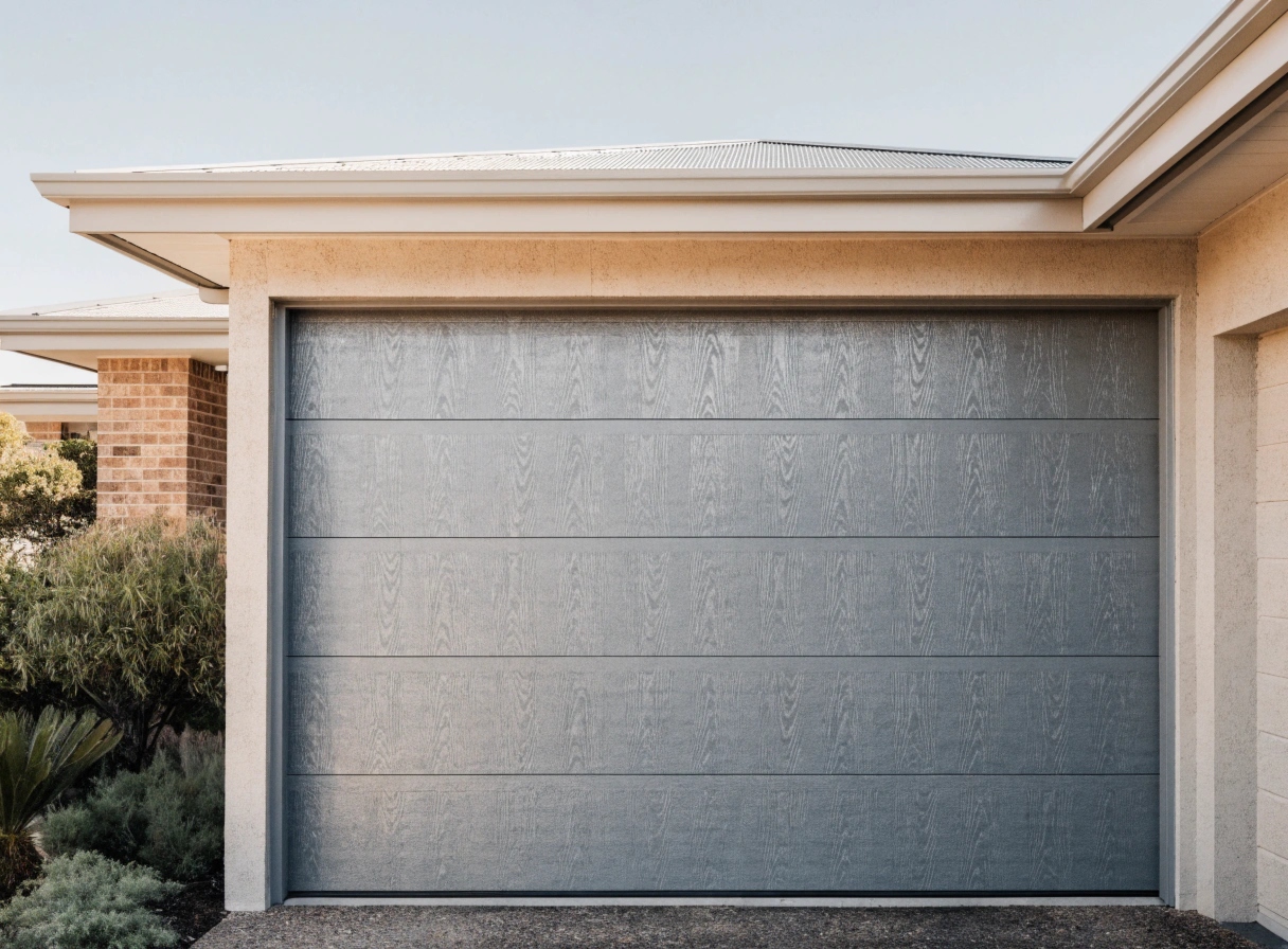 Grey woodgrain sectional panel lift garage door on a Sutherland Shire home