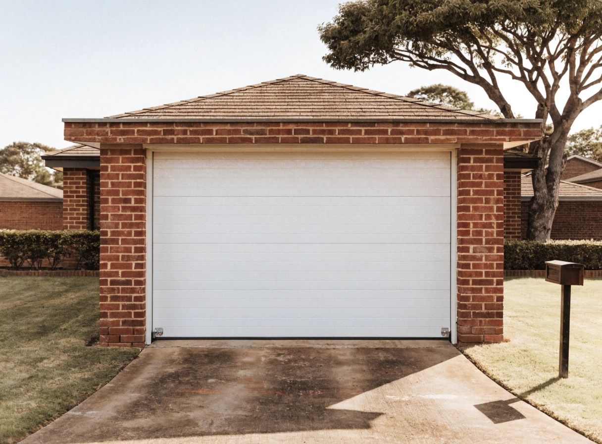 Closed white single-piece tilt garage door on a brick Sutherland Shire home