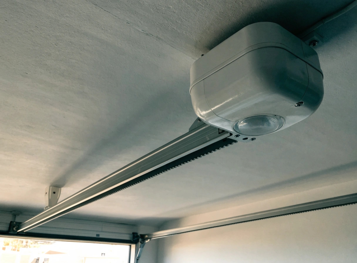 Garage door motor and opener rail mounted on the ceiling, viewed from below