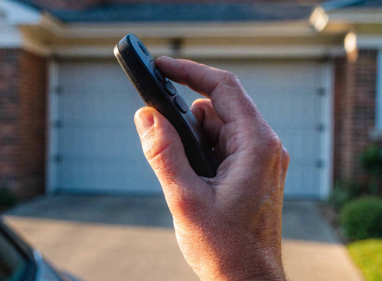Hand pressing a garage door remote control in front of a residential garage door