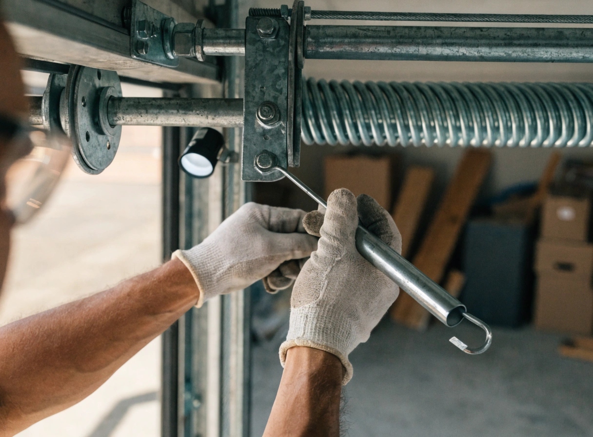 Technician's gloved hands repairing a garage door torsion spring with a winding bar