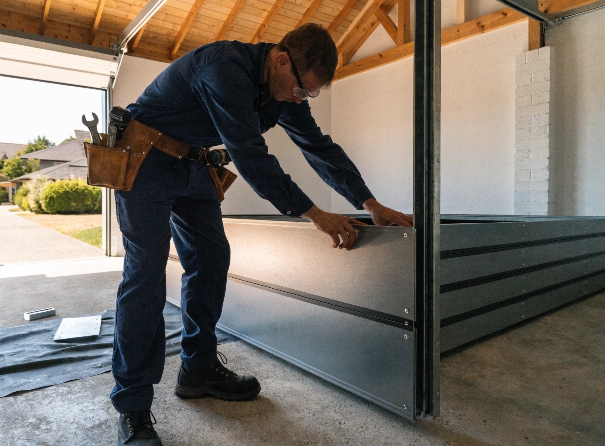 Licensed technician installing a new sectional garage door panel in a Sutherland Shire home