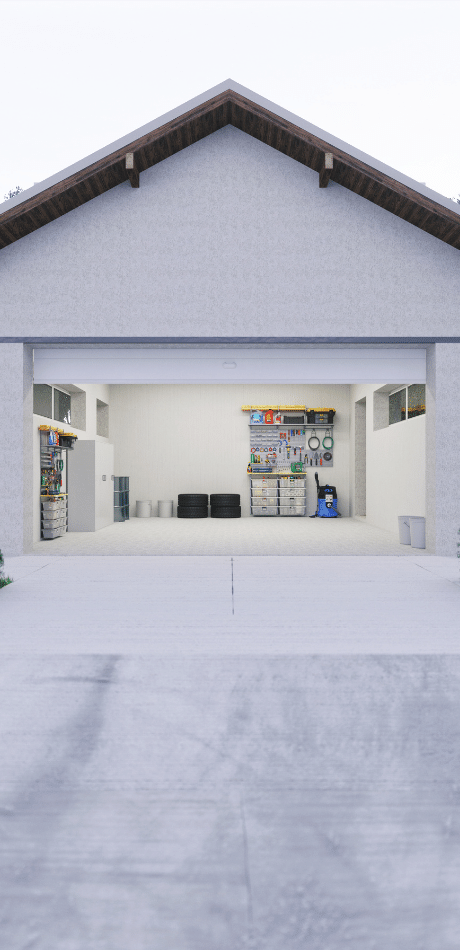 Open two-car garage with tools, tyres and storage shelving neatly organised inside