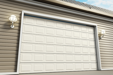 Sectional panel lift garage door with horizontal panels on a home