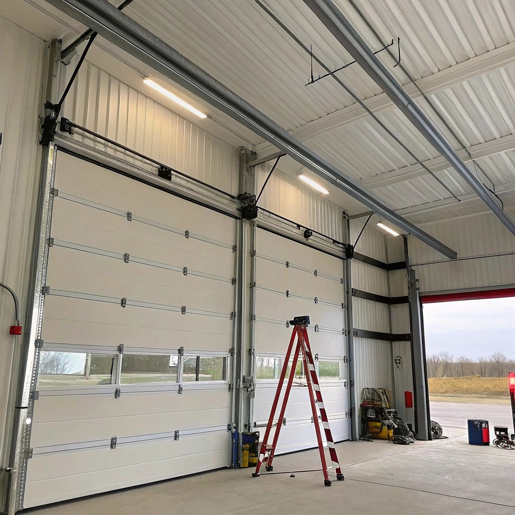 Interior view of a large sectional overhead garage door being installed in a commercial building.