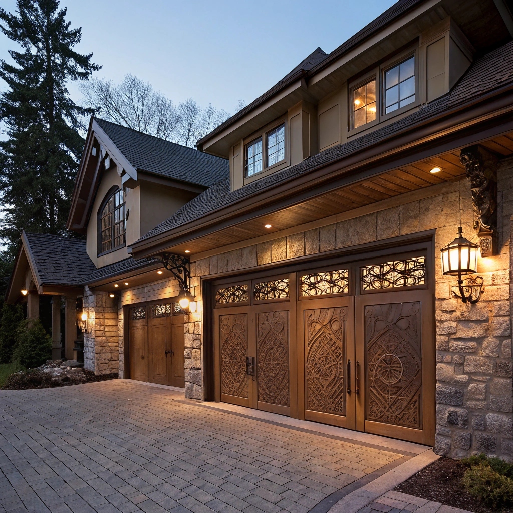 Bespoke garage door with unique woodwork patterns and specialized hardware being installed on a distinctive residential property.