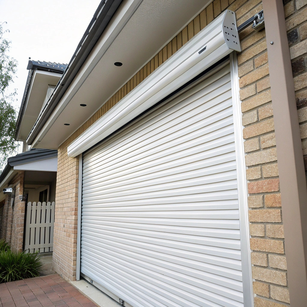 White steel roller garage door with horizontal slats partially open on a modern Australian home