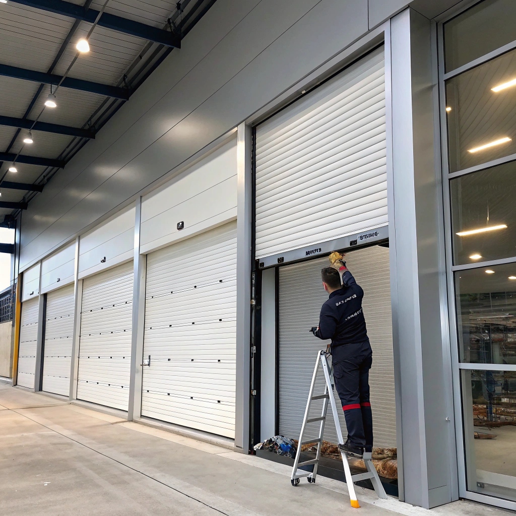 Technician on a ladder installing a roller shutter door at a commercial industrial building.