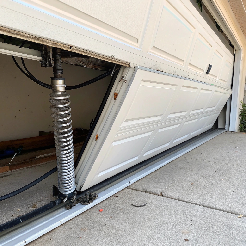 Damaged sectional garage door in need of repair