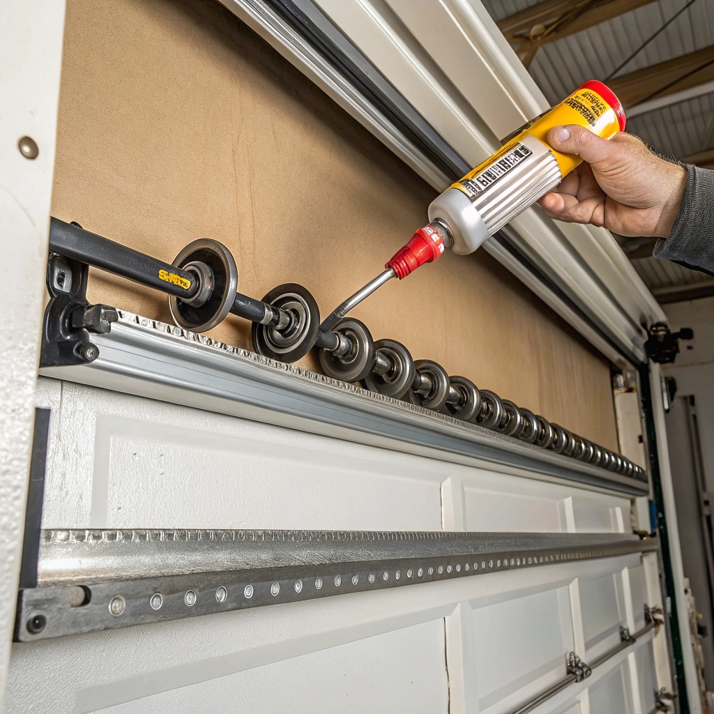 Garage door track being lubricated during a maintenance service
