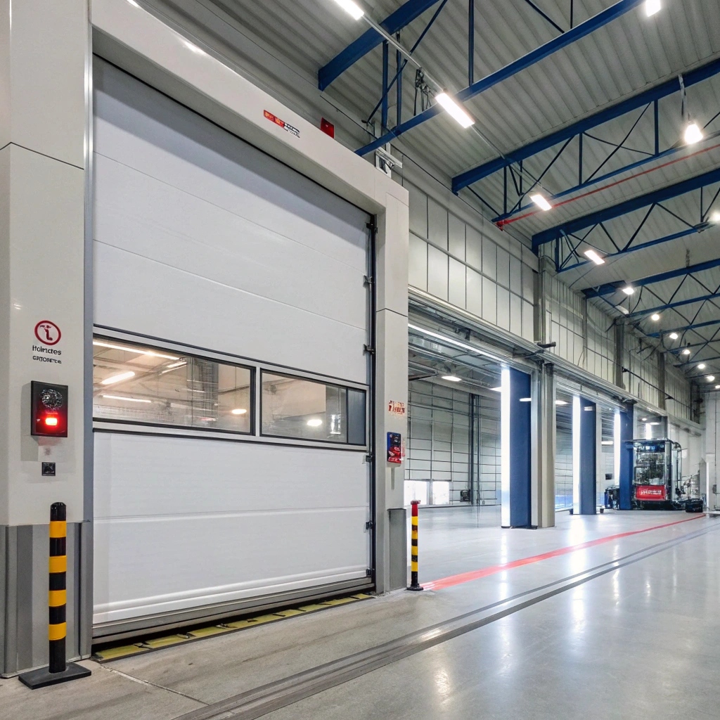 High-speed industrial garage door installed and operating in a commercial setting
