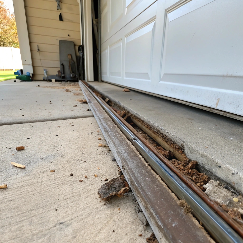 Bent and rusty garage door track showing damage and misalignment in Sutherland Shire home