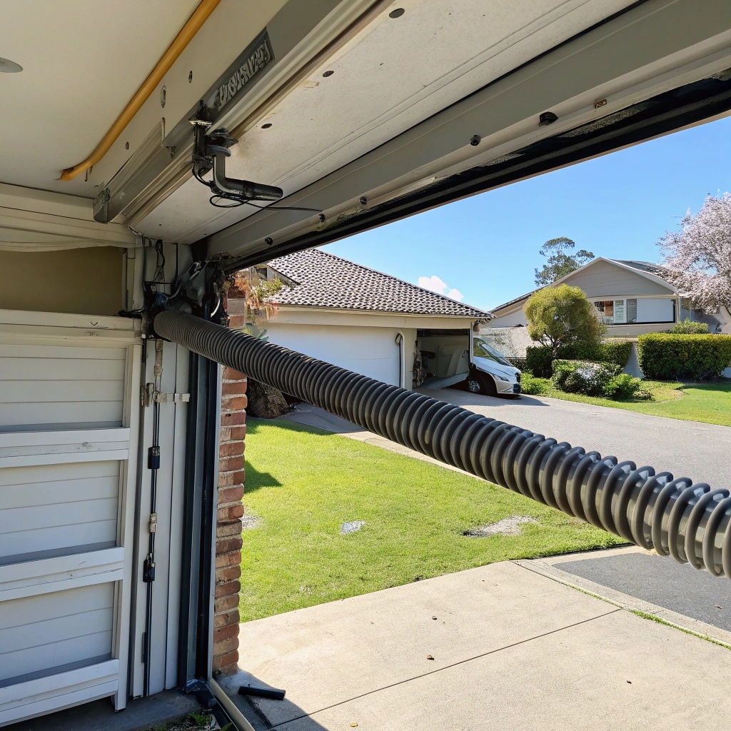 Broken torsion spring causing garage door malfunction requiring emergency repair service
