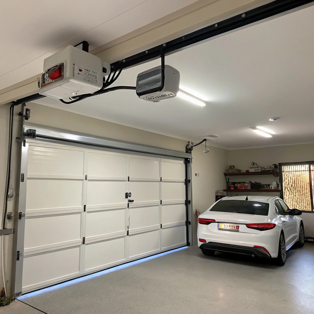 Completed smart garage door motor installation in modern Sutherland Shire garage with LED lighting