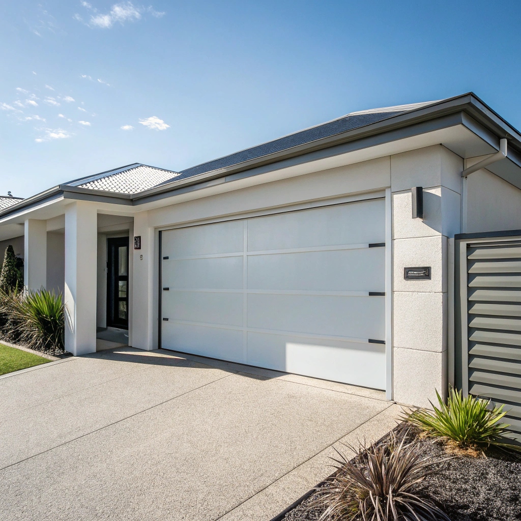 Modern smart garage door with smartphone app control showing remote access features