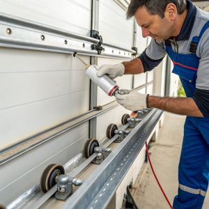 Professional technician lubricating garage door rollers during maintenance service in Sutherland Shire