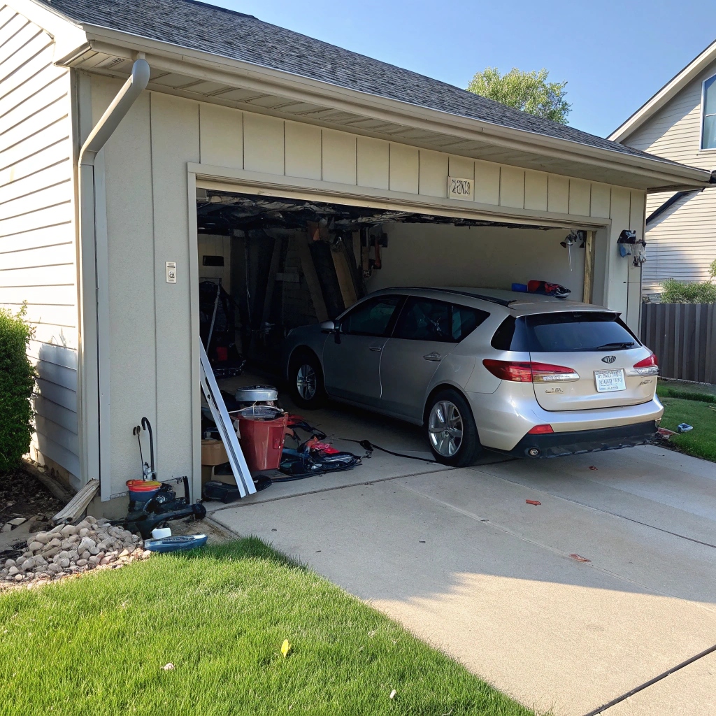 Garage door stuck partly open with a car parked inside the garage.