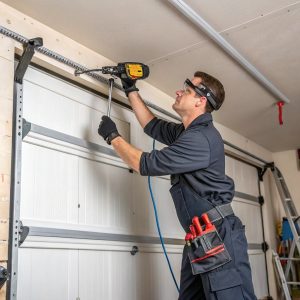 Professional technician repairing garage door track with specialized tools in Sutherland Shire