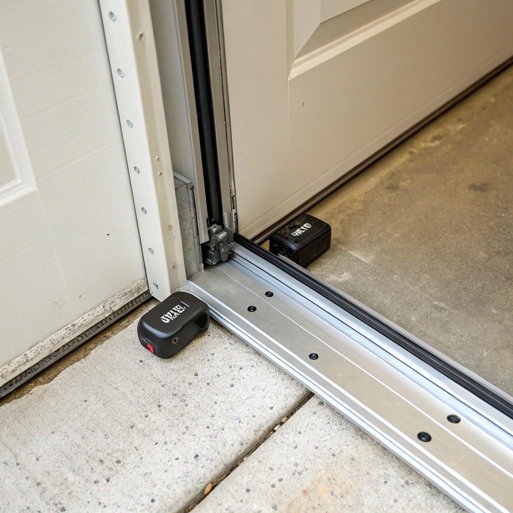 Garage door safety sensors showing photo-eye beam alignment for automatic reverse protection