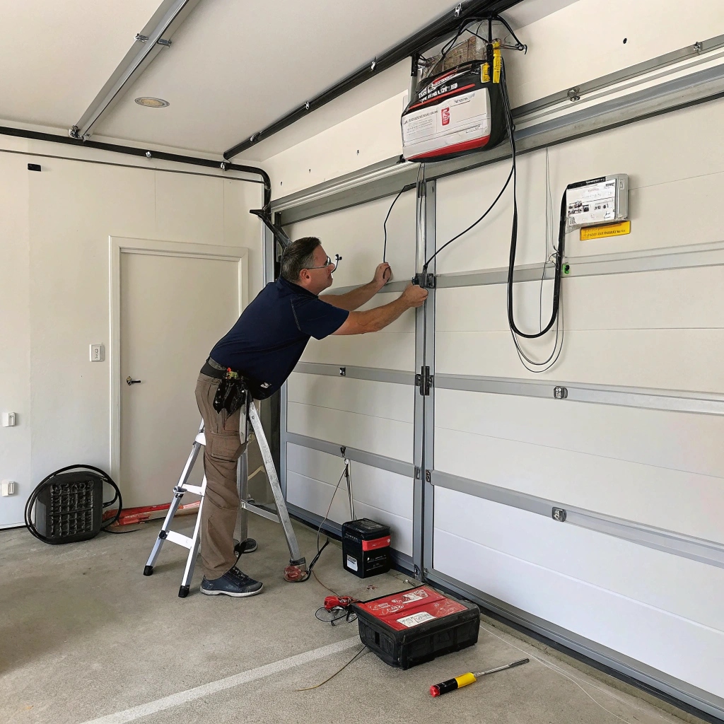 Garage door technician attending to a garage door opener unit