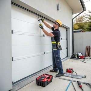 Professional garage door technician installing sectional door in Sutherland Shire home