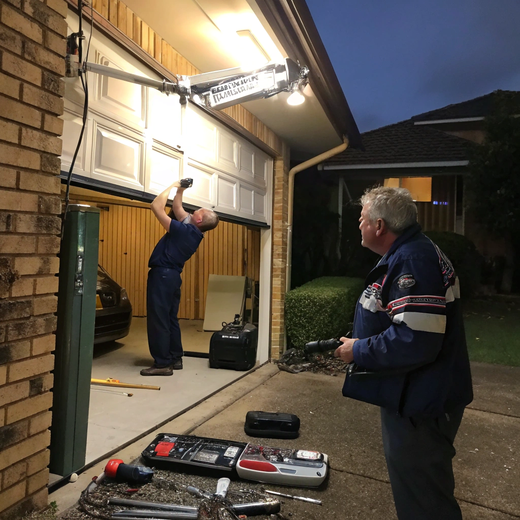 Emergency garage door repair technician fixing a stuck opener at a Sutherland Shire home at night