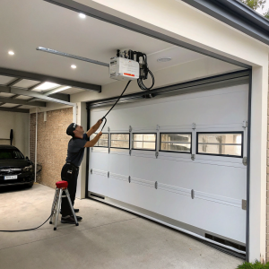 Professional technician installing modern smart garage door opener with LED lighting in Sutherland Shire home garage