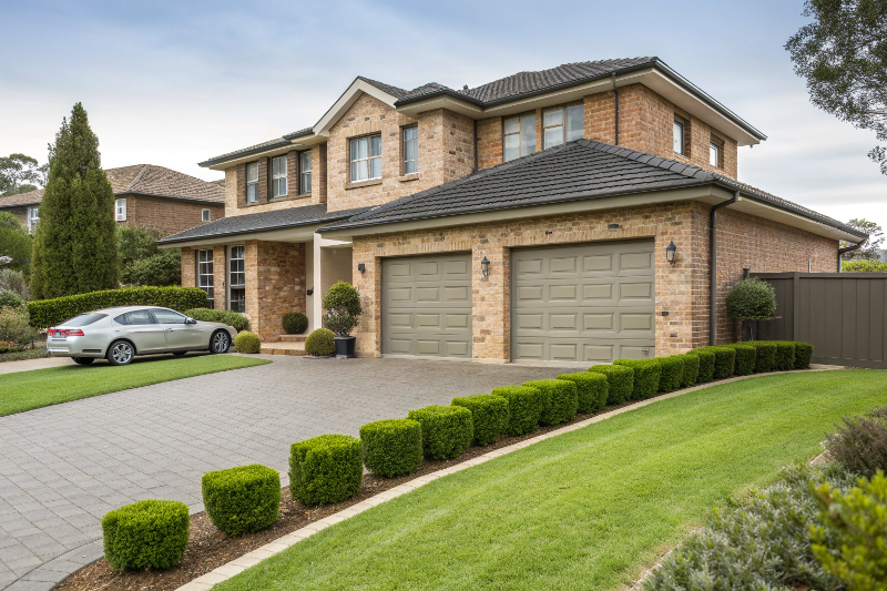 Contemporary tilt garage door installed on a brick suburban home