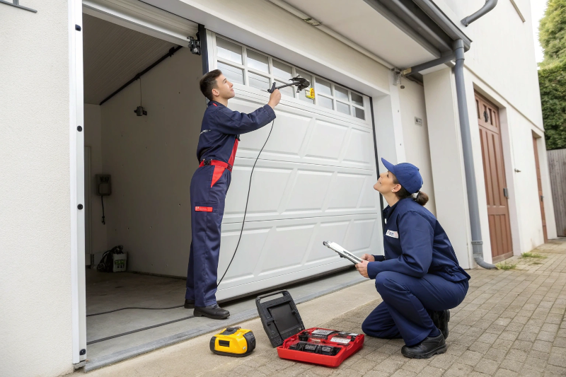Garage door technician performing maintenance on a tilt door mechanism
