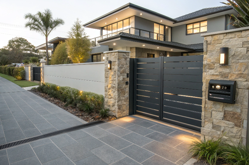 Automatic sliding gate with LED lighting and a charcoal aluminium finish at a modern Sutherland Shire home