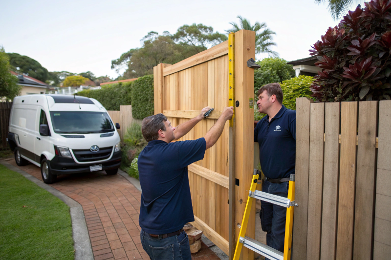 Licensed tradesmen installing a timber privacy gate at a Sutherland Shire family home