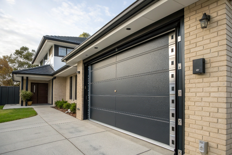 Black secure tilt garage door with a modern locking system