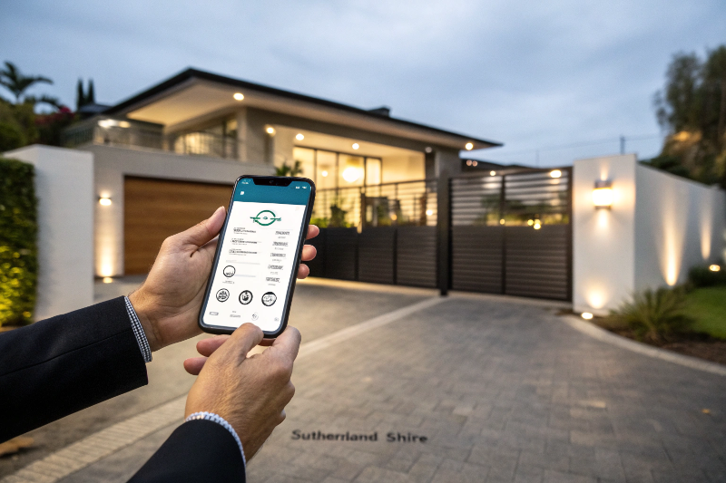 Smartphone displaying a smart gate control app with an automated driveway gate in the background