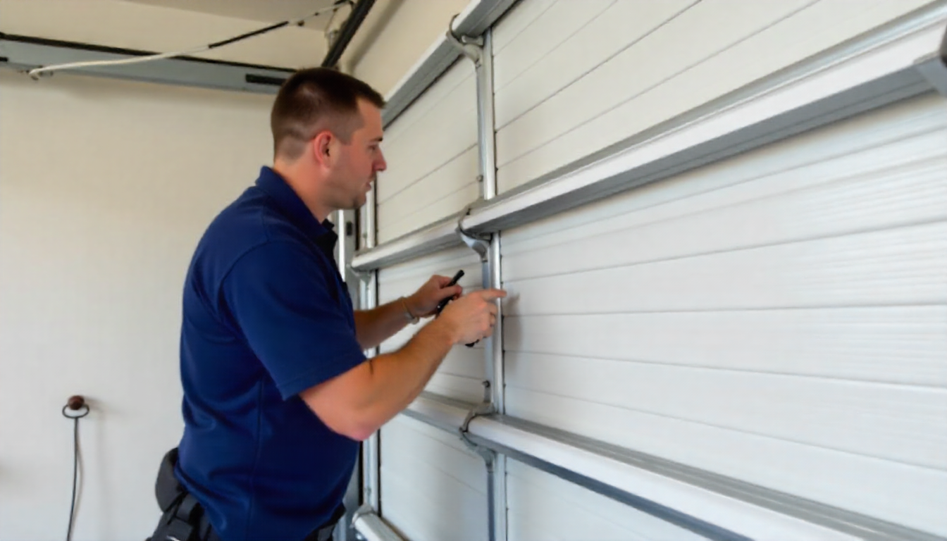 Technician working on a section of a roller-style garage door panel during installation.