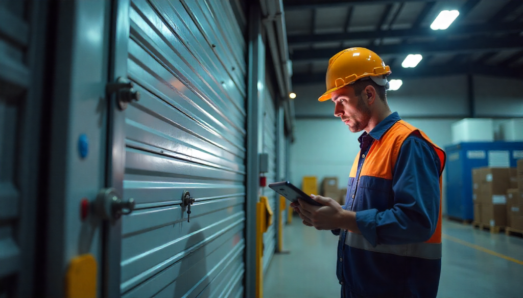 Technician in hi-vis and hard hat inspecting a roller shutter door inside a warehouse using a tablet.