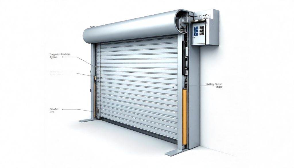 Labelled cutaway diagram of a steel roller door showing its internal components and mechanism.