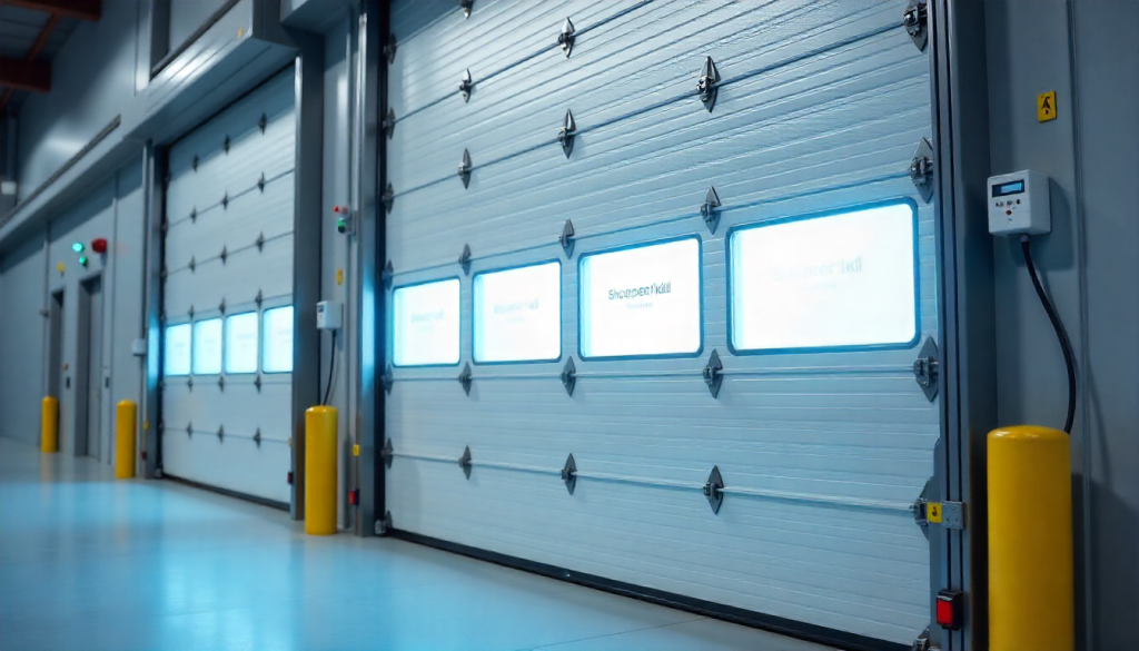 Close-up of a commercial garage door showing multiple security features