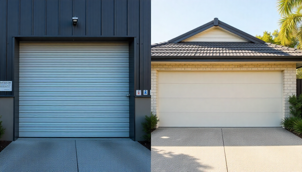 Split comparison image showing a commercial warehouse door beside a residential garage door