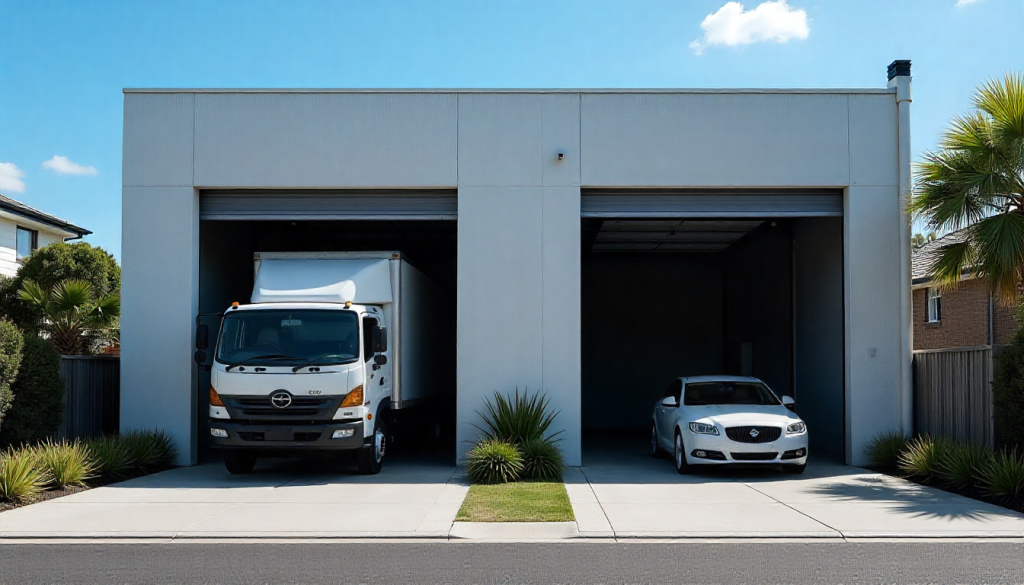 Side-by-side comparison of a large commercial warehouse door and a standard home garage door