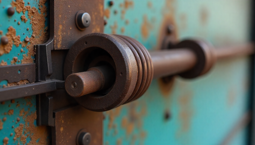 Close-up of corroded garage door springs and cables showing rust from coastal salt air