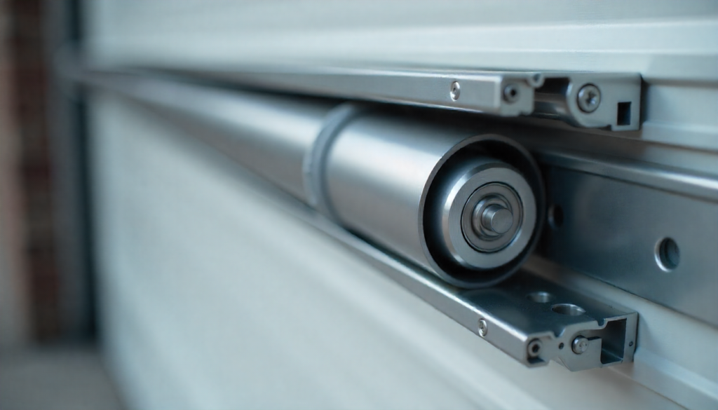 Close-up of a garage door roller and track system on a commercial door