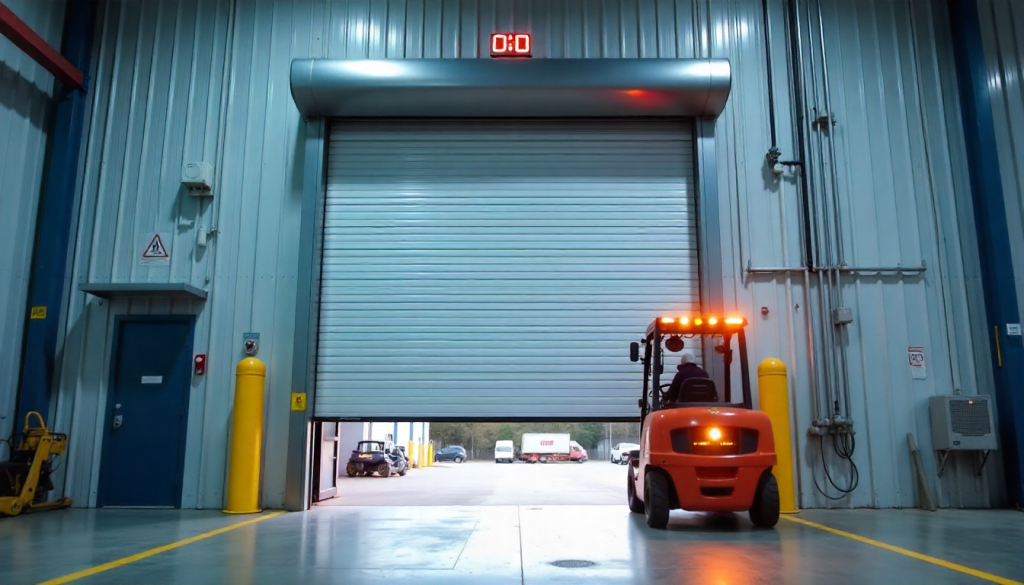 Large commercial roller door opening smoothly at a busy loading dock