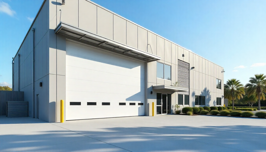 Modern commercial warehouse with a large white sectional garage door and entry office beside it.