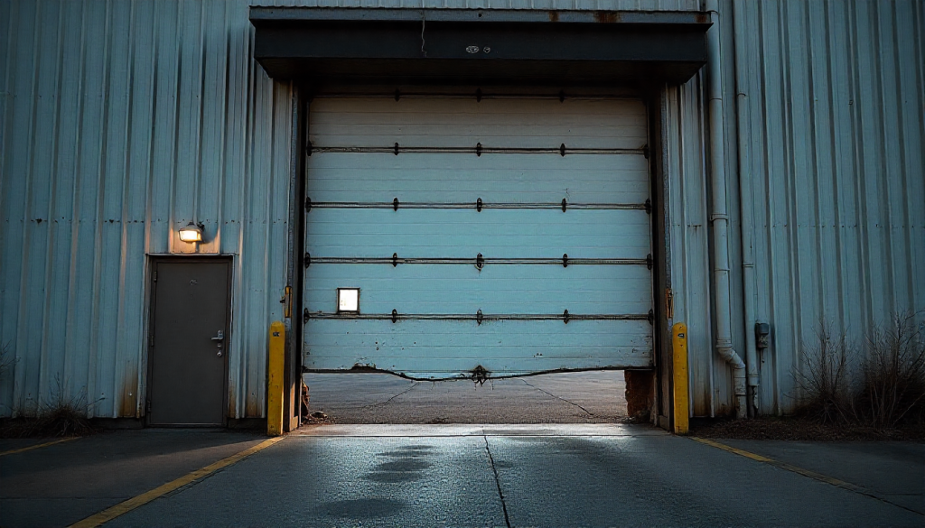 Wide-angle photo of a commercial garage door showing visible structural damage