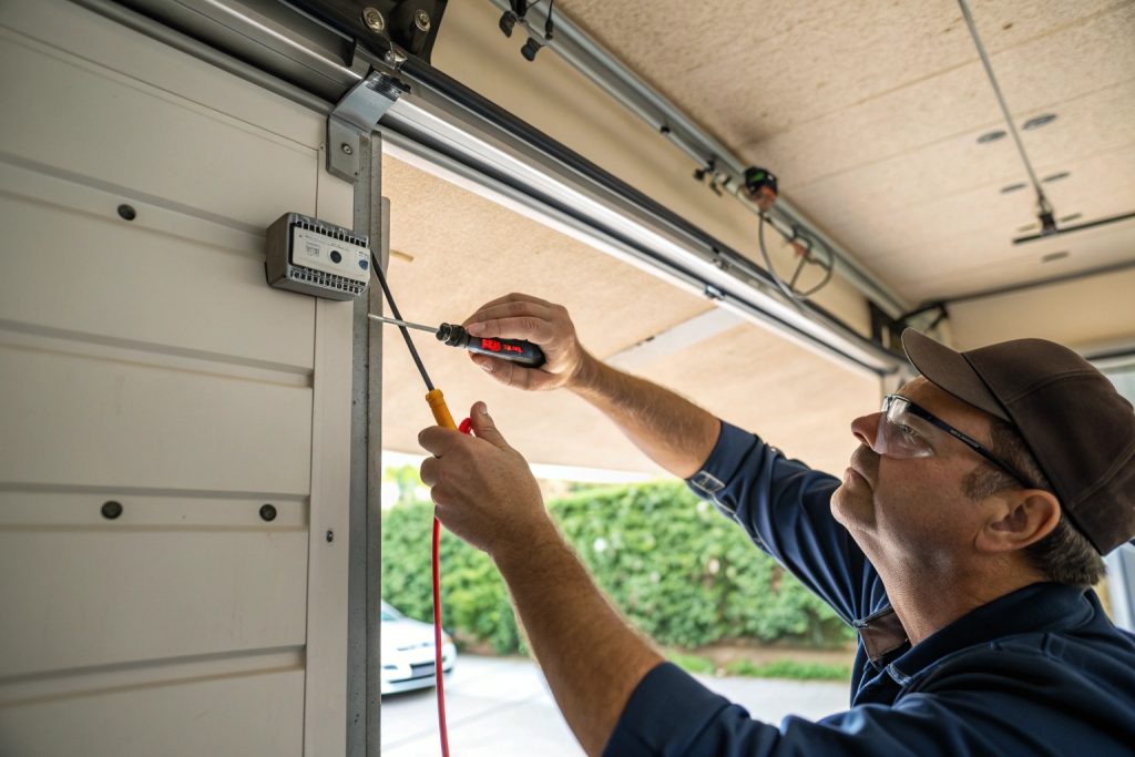 Garage door technician testing safety sensors during service visit in Miranda home