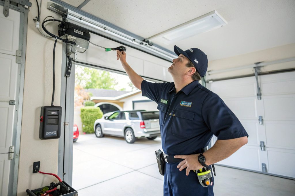 Professional garage door technician inspecting a residential door in the Sutherland Shire