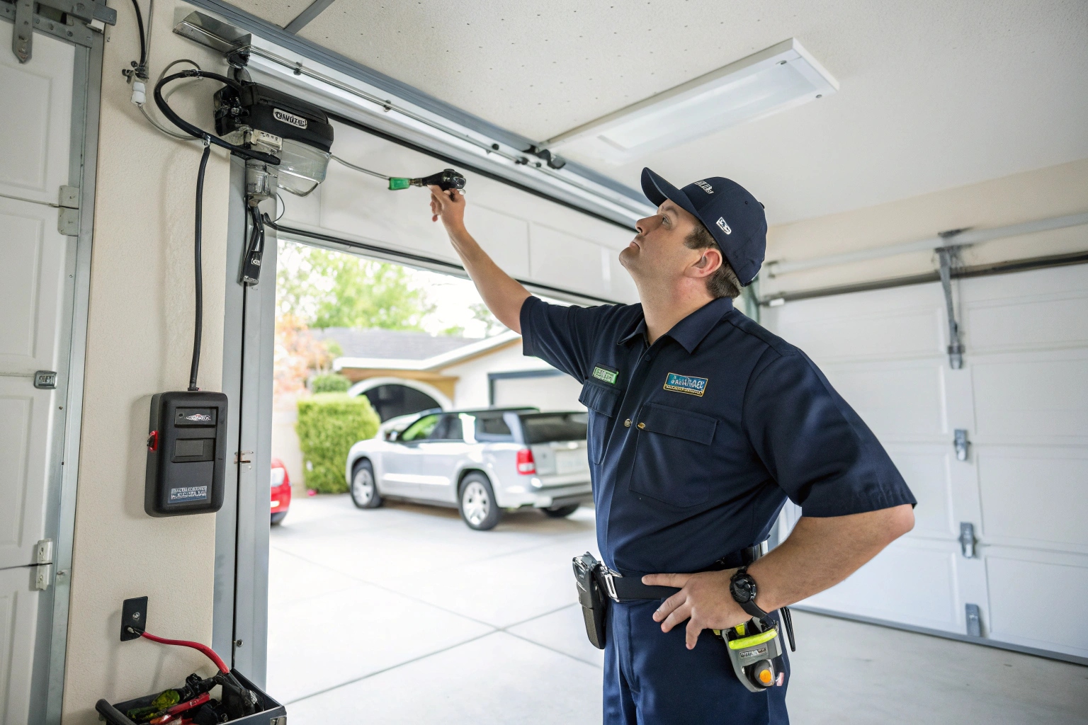 Uniformed technician inspecting a garage door opener and track inside a residential garage.