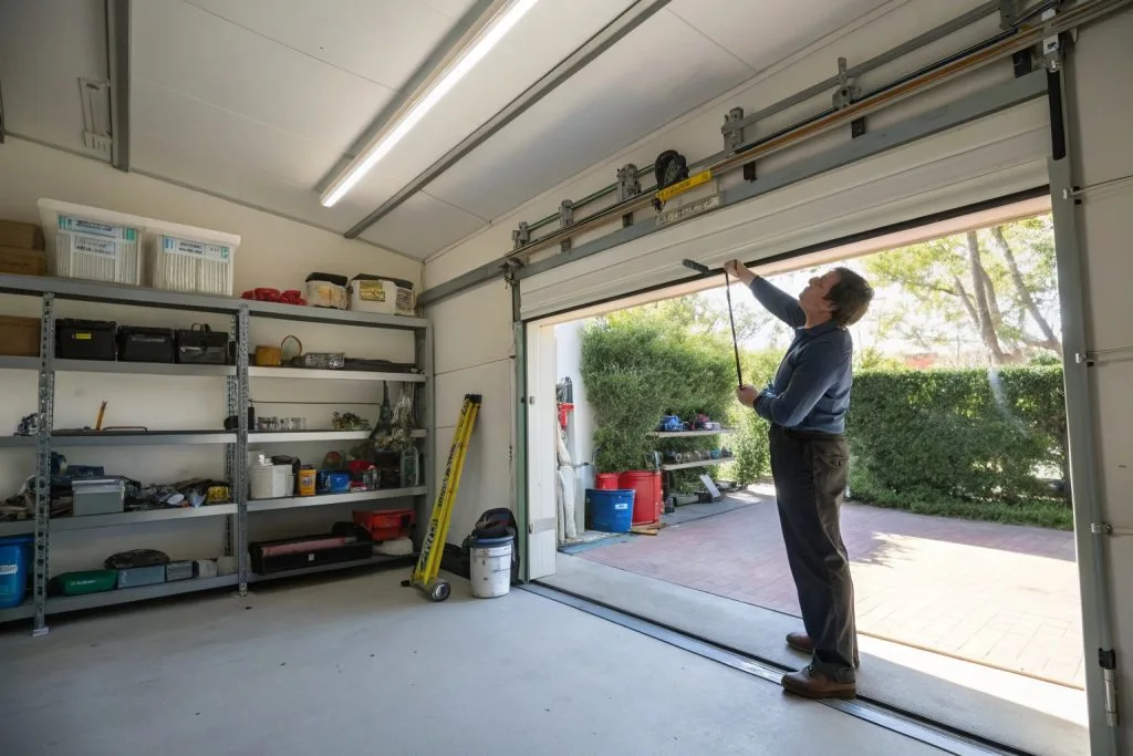Homeowner checking garage door tracks for common problems and misalignment